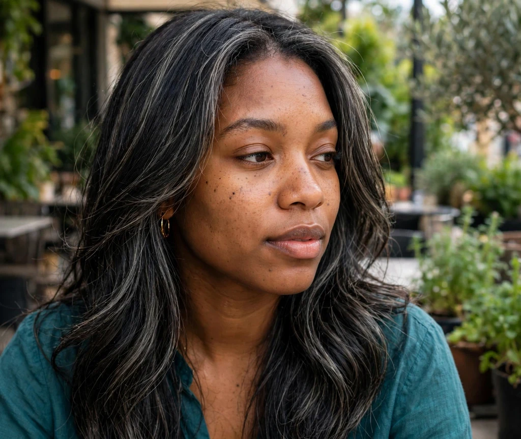 Woman with long dark layered hair with ashy babylights on a cafe patio