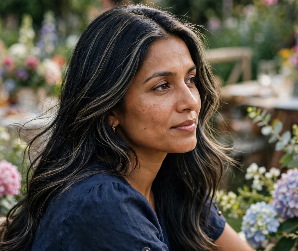 Woman with middle-part dark hair and subtle ashy babylights at a garden party