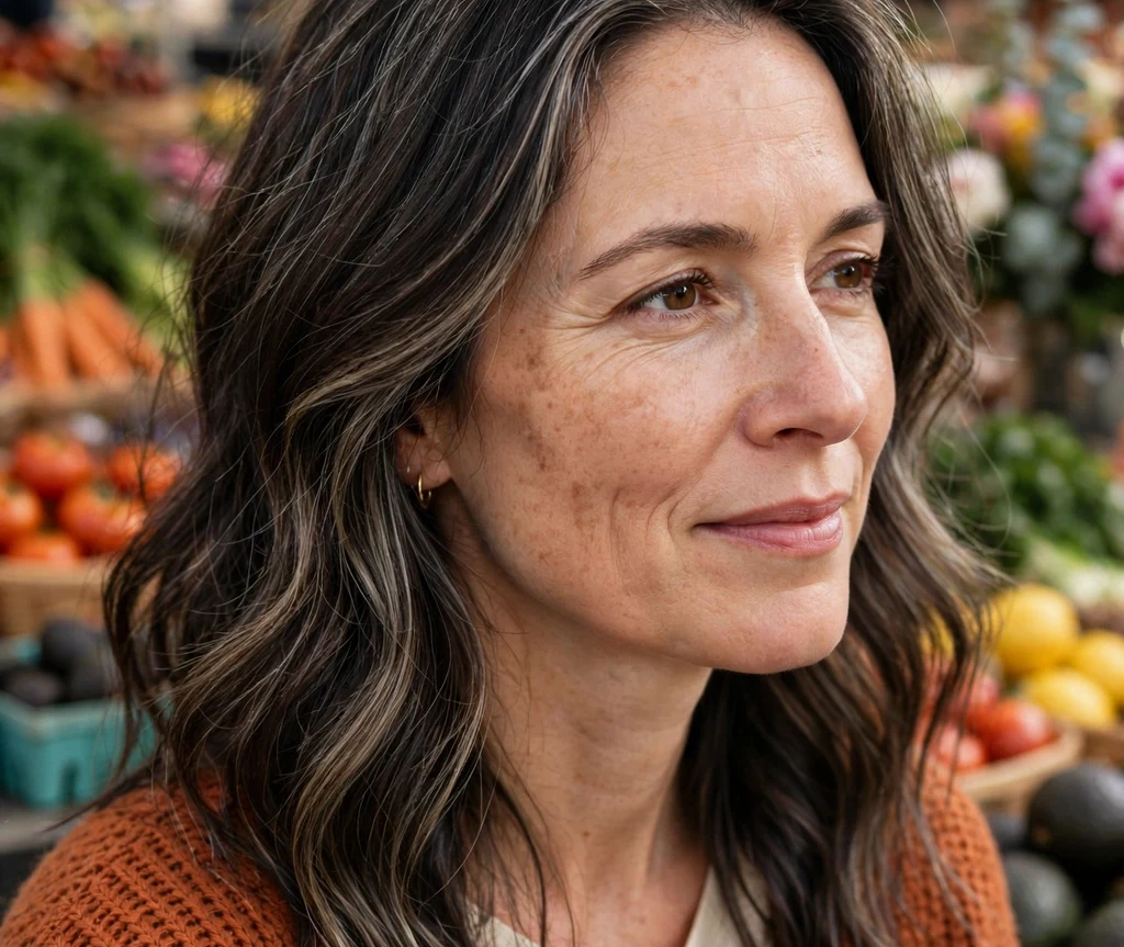Woman with dark brown wavy hair with cool ashy babylights at a farmers market