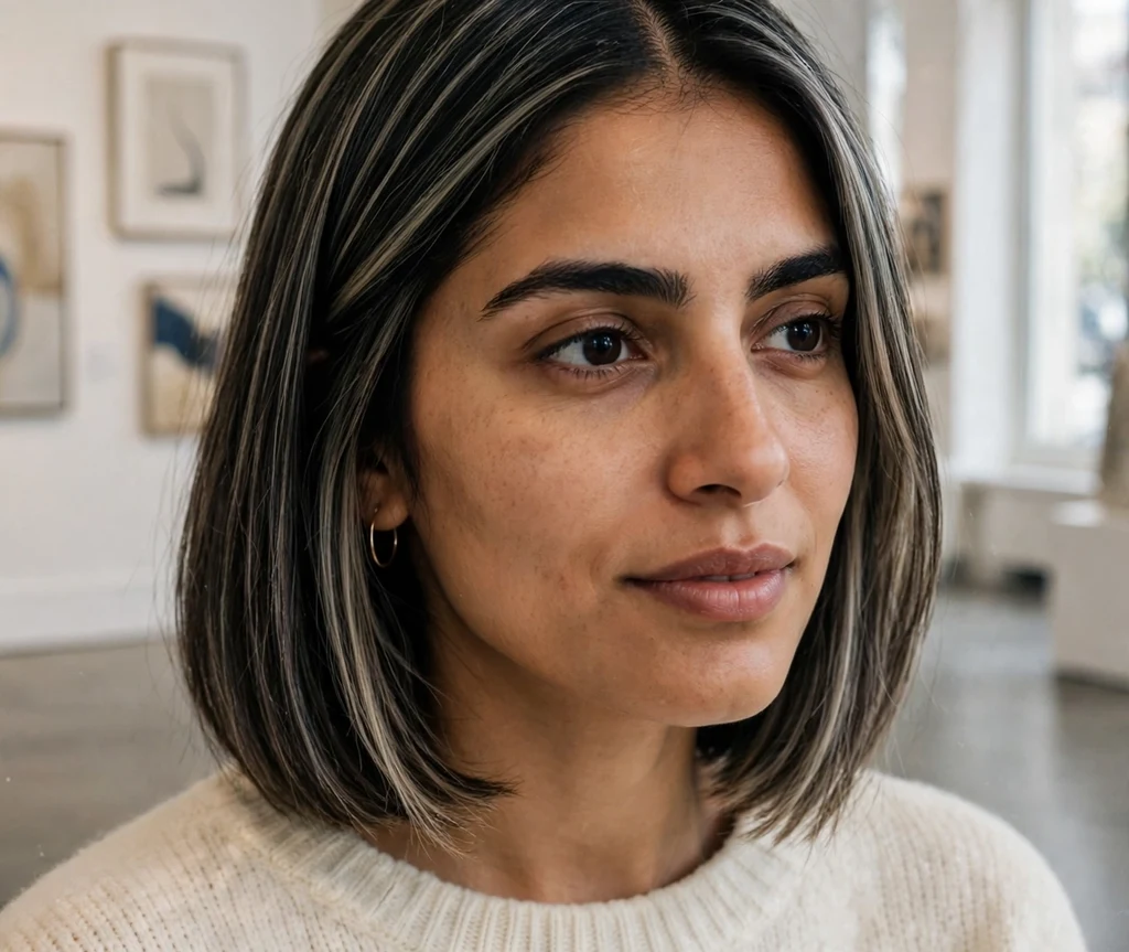 Woman with a sleek middle-part lob and ashy babylights in a museum