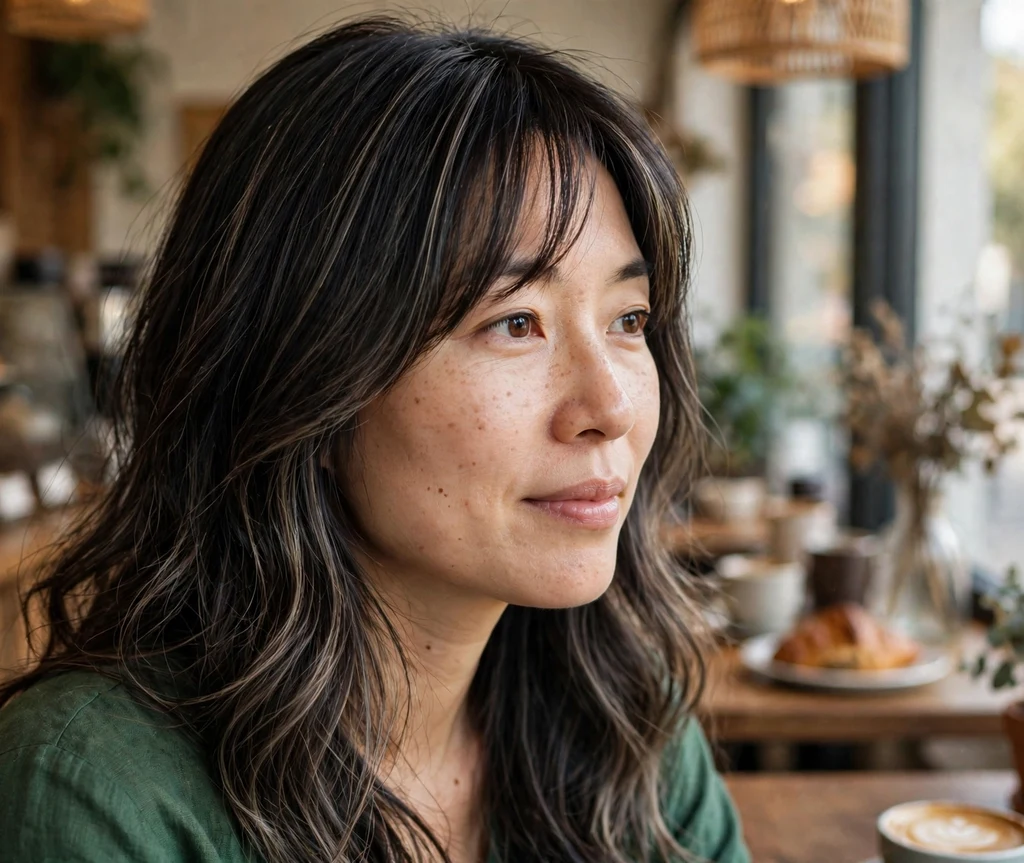 Woman with dark curtain bangs and ashy babylights in a coffee shop