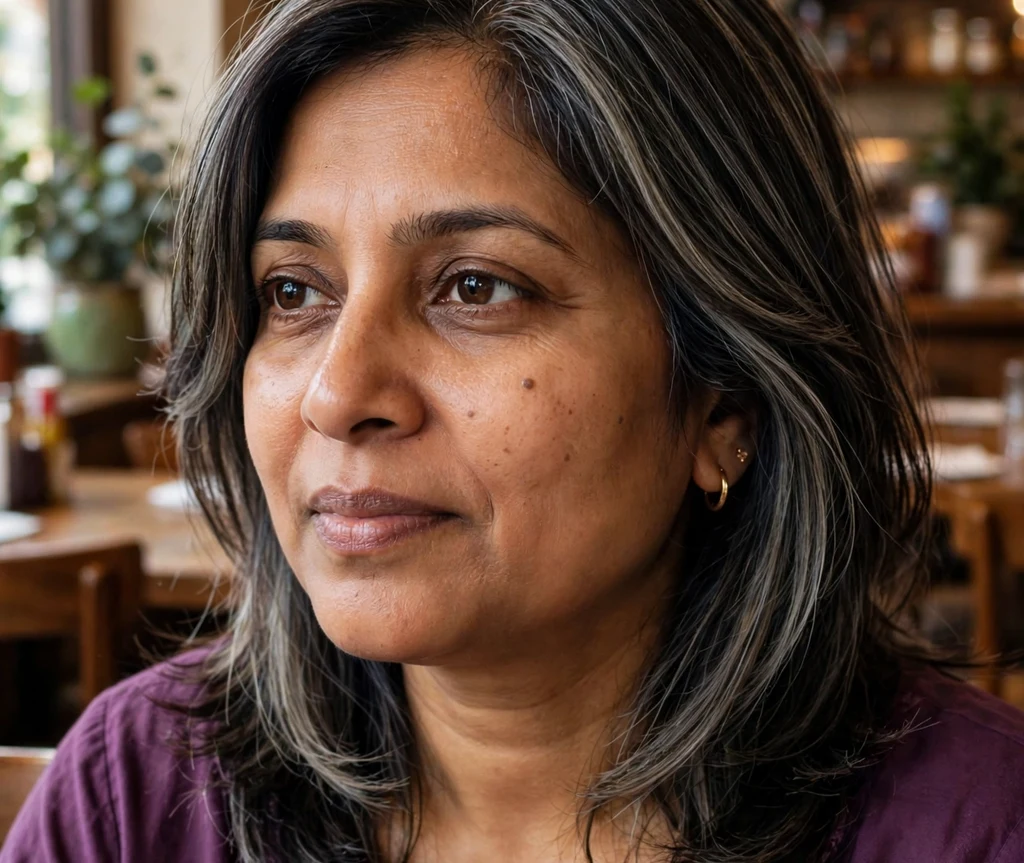 Woman with shoulder-length dark hair, face-framing layers and ashy babylights