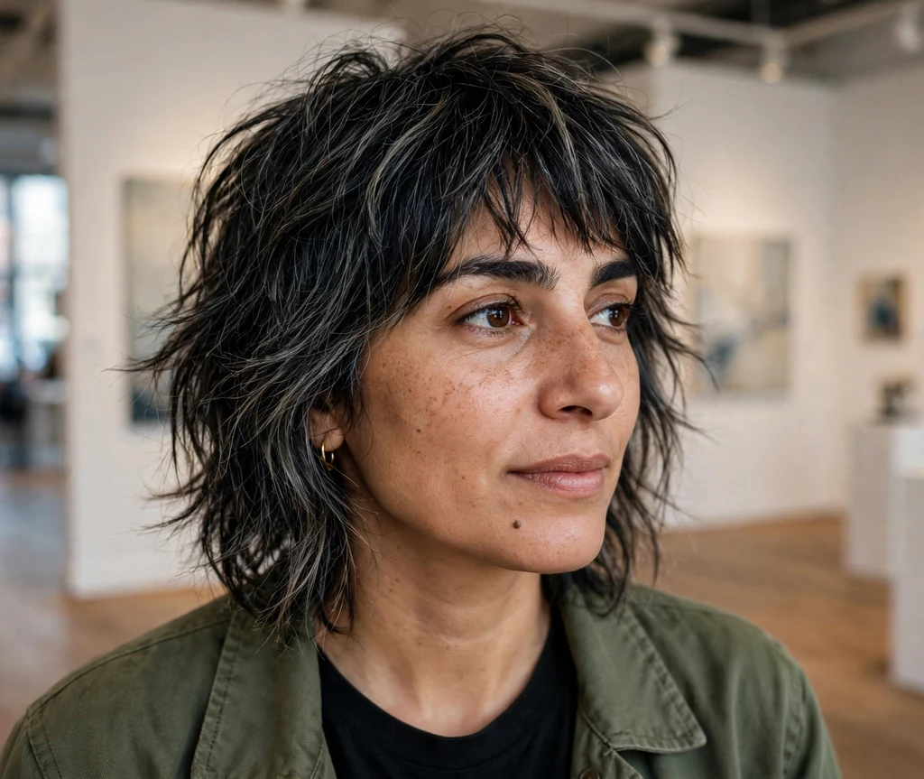 Woman with a textured dark shag haircut with ashy babylights in an art gallery