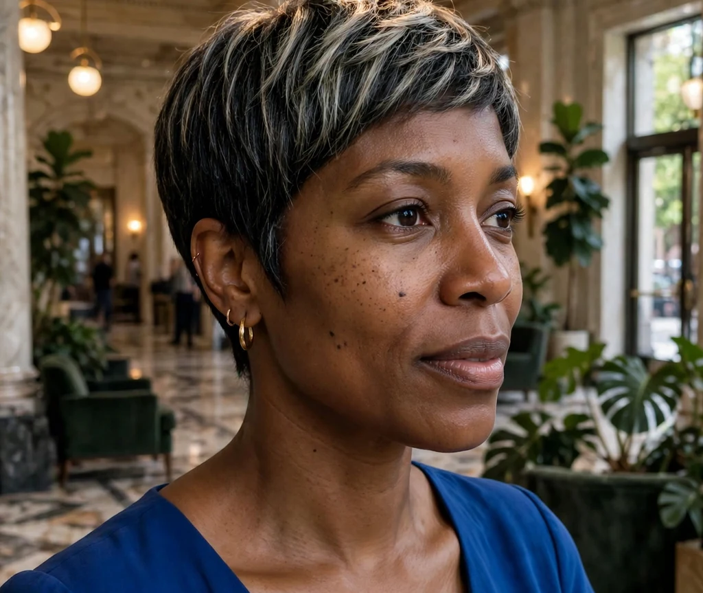 Woman with a dark pixie cut with ashy babylights in a concert hall lobby