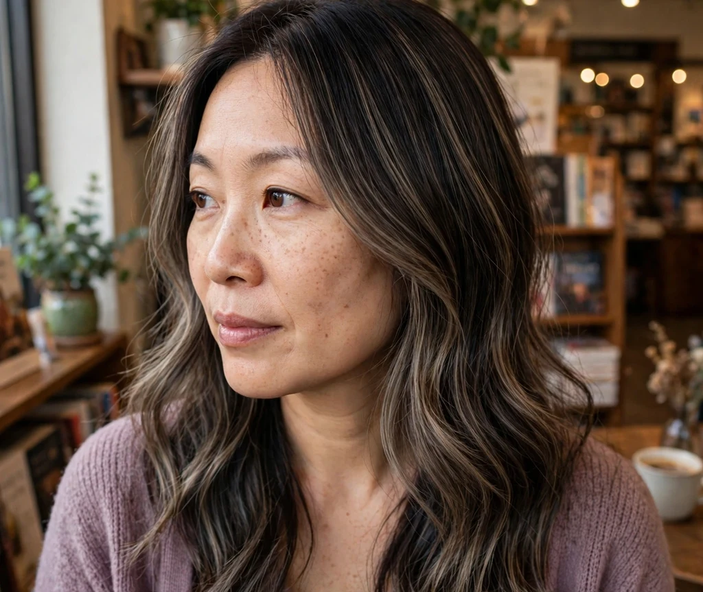 Woman with long dark hair blending into ashy babylights in a bookstore cafe