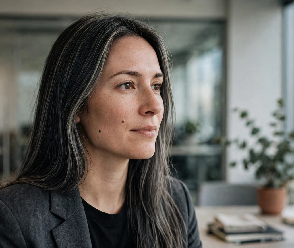 Woman with long straight dark hair with ashy babylights in an office