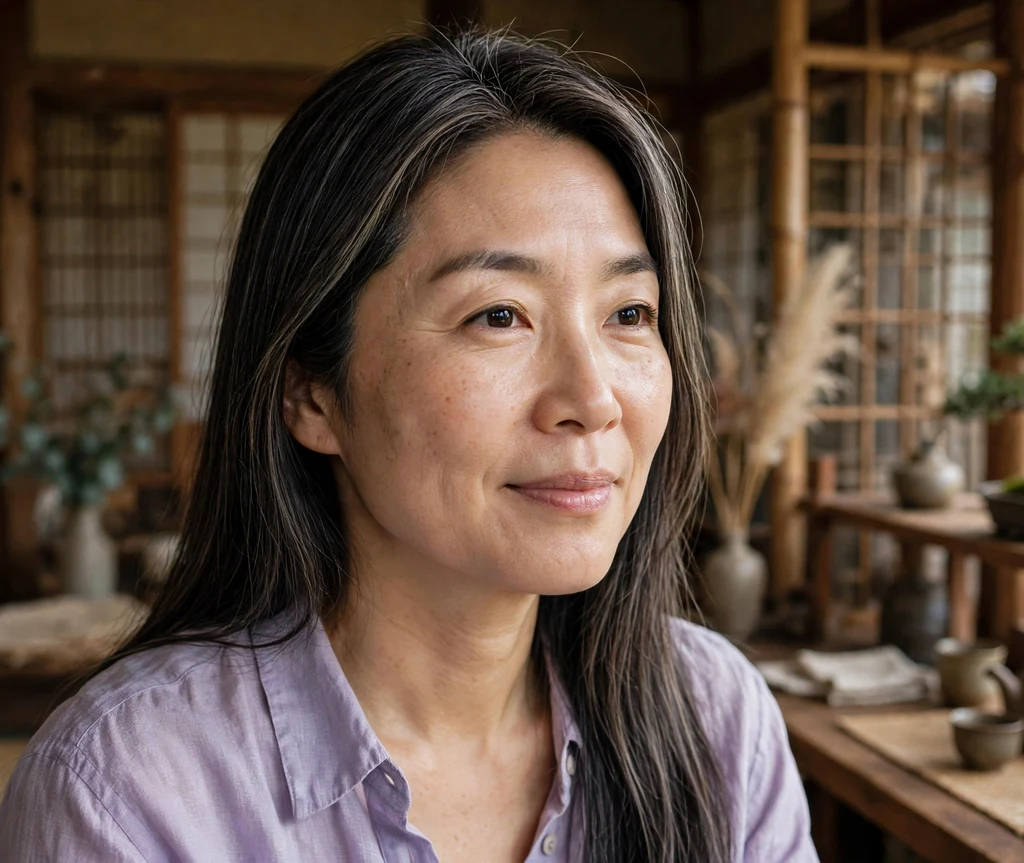 Woman with straight dark hair, cool ash toner and ashy babylights in a tea house