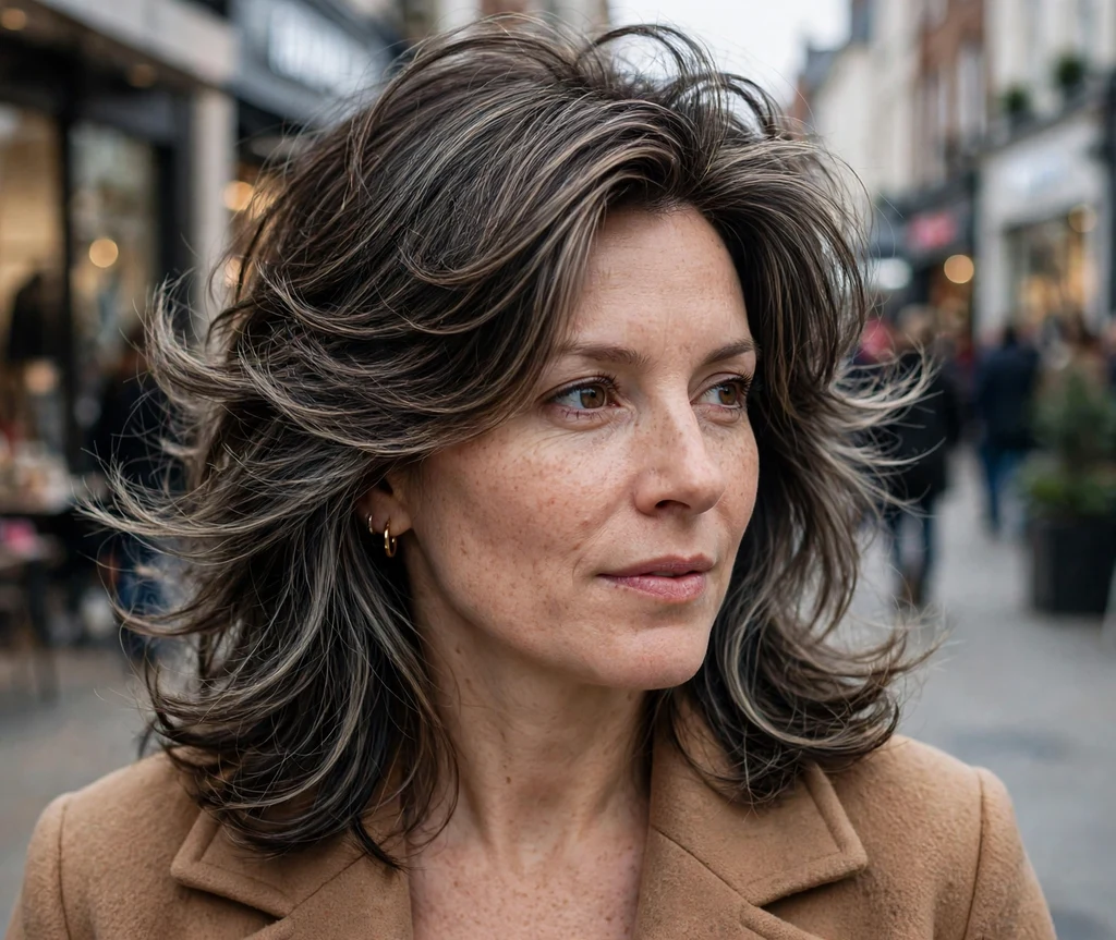 Woman with a layered dark blowout with ashy babylights on a shopping street