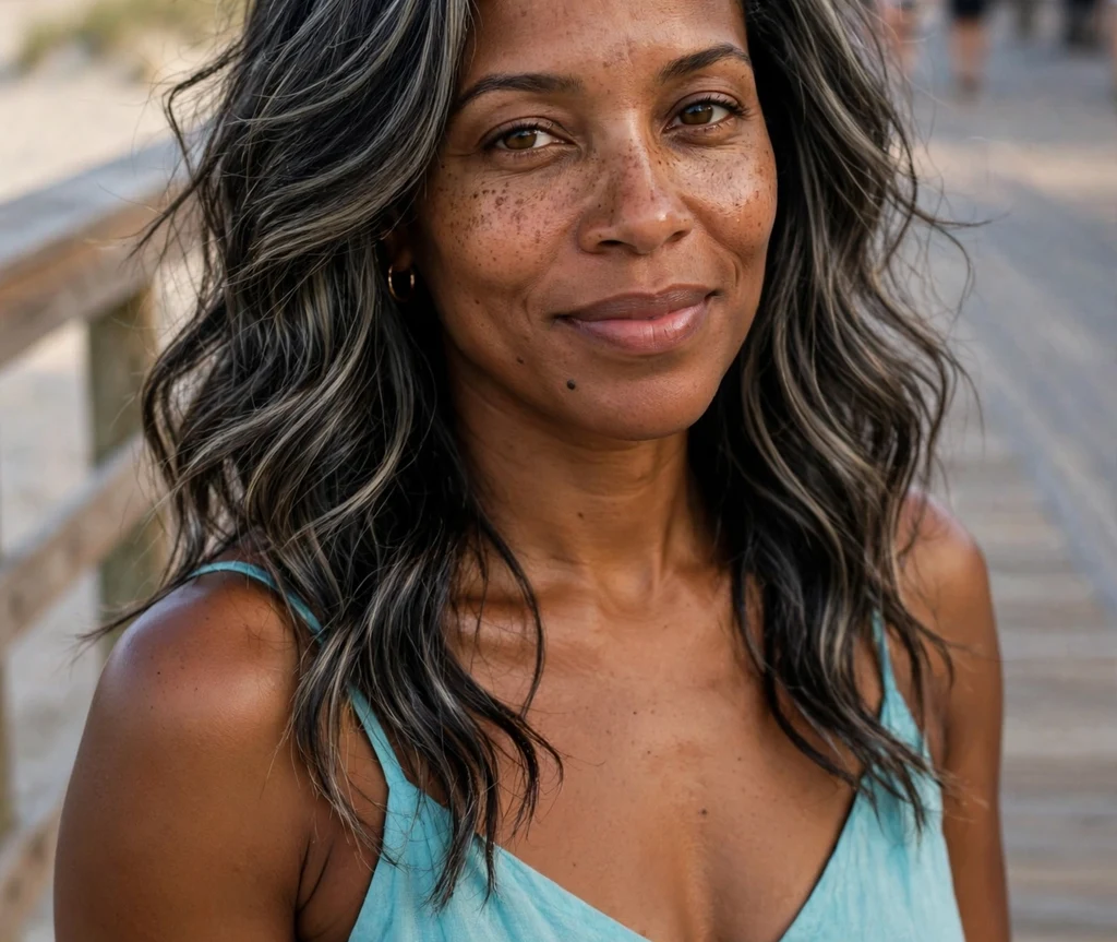 Woman with dark beachy waves and ashy babylights on a boardwalk