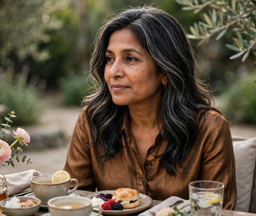 Woman with dark hair and ashy babylights flattering warm skin tones at afternoon tea