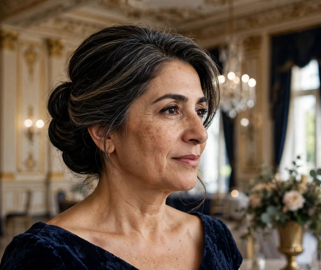 Woman with a formal dark chignon with ashy babylights in a ballroom