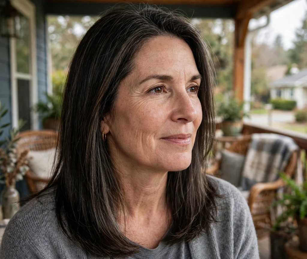 Woman with an everyday straight dark style with ashy babylights on a porch