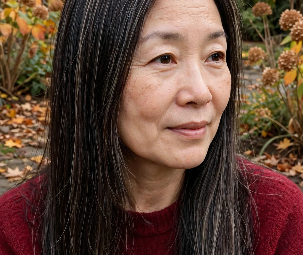 Woman with long straight dark hair with ashy babylights in an autumn garden