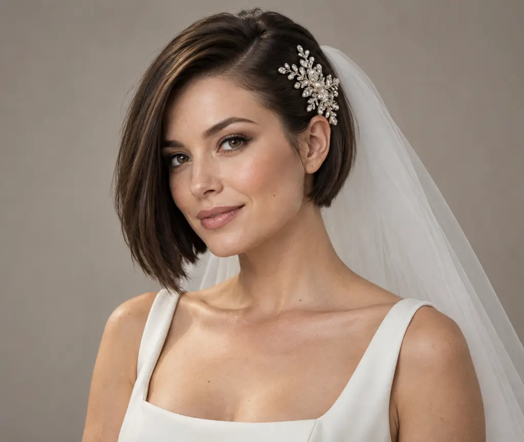 Asymmetrical Bob with a Statement Comb and Simple Veil