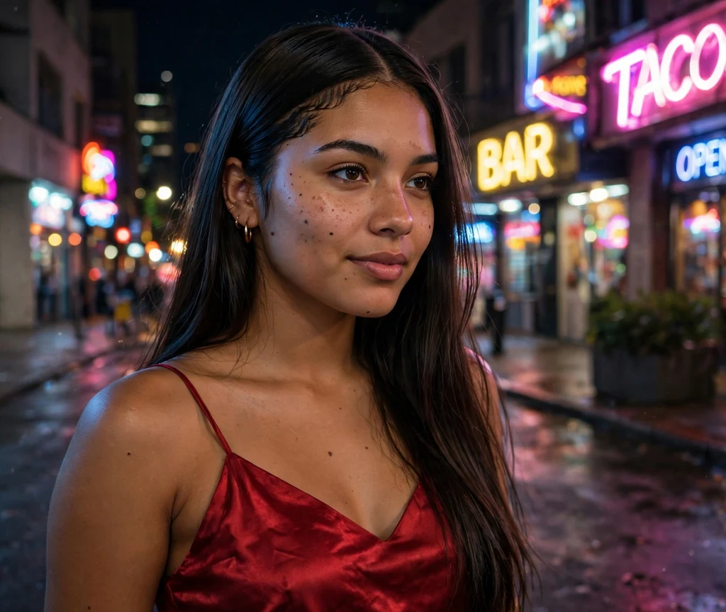 Sleek middle-part buss down on long dark brown hair with laid edges, neon city street at night