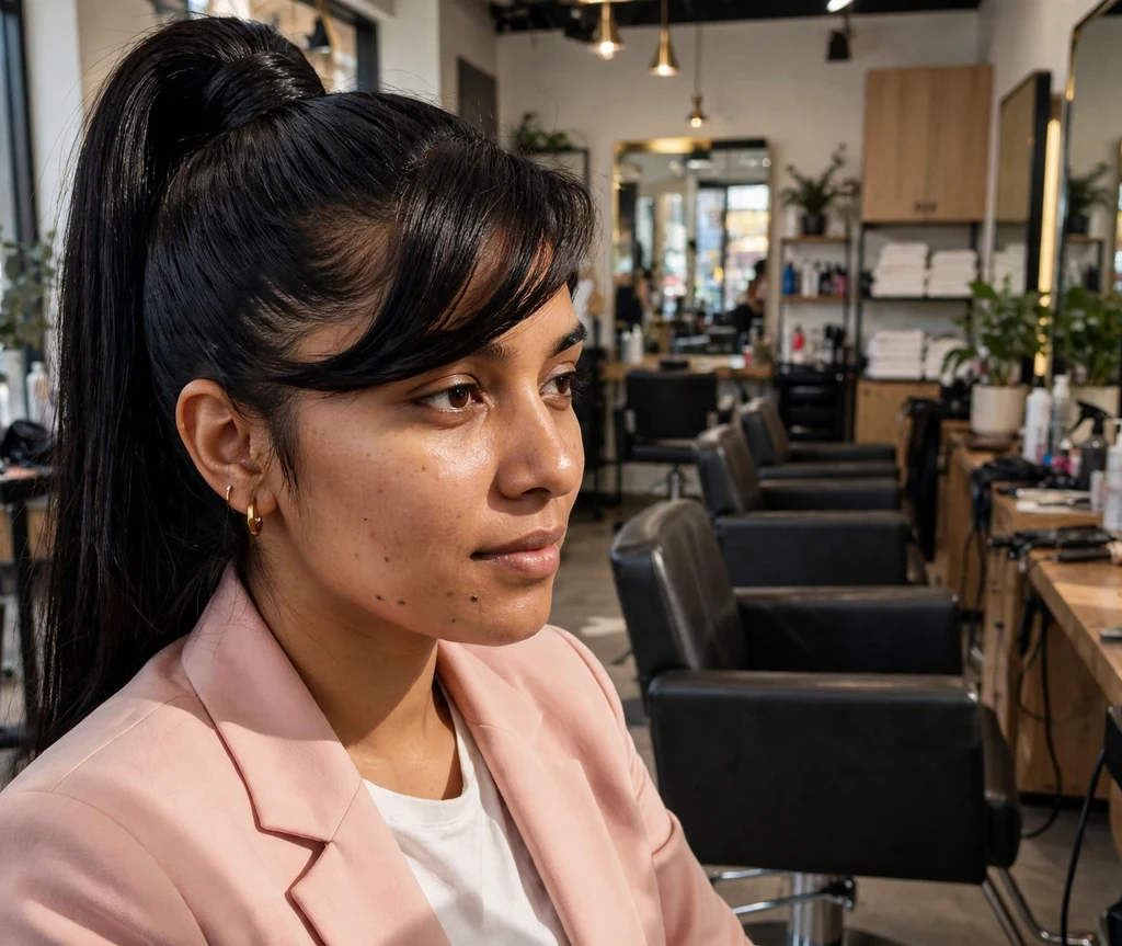 Swoop-bang high ponytail on long black hair, pink blazer, salon interior