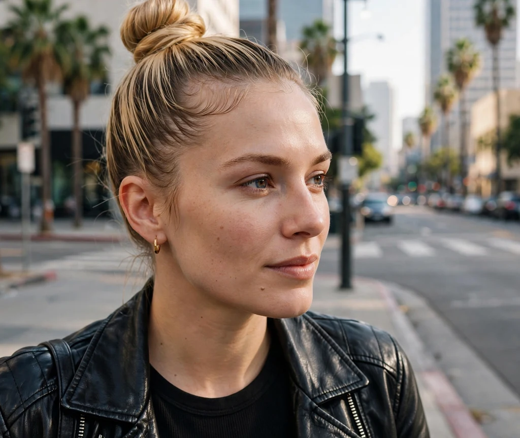 Snatched tight top knot with gelled baby hairs on honey blonde hair, downtown street