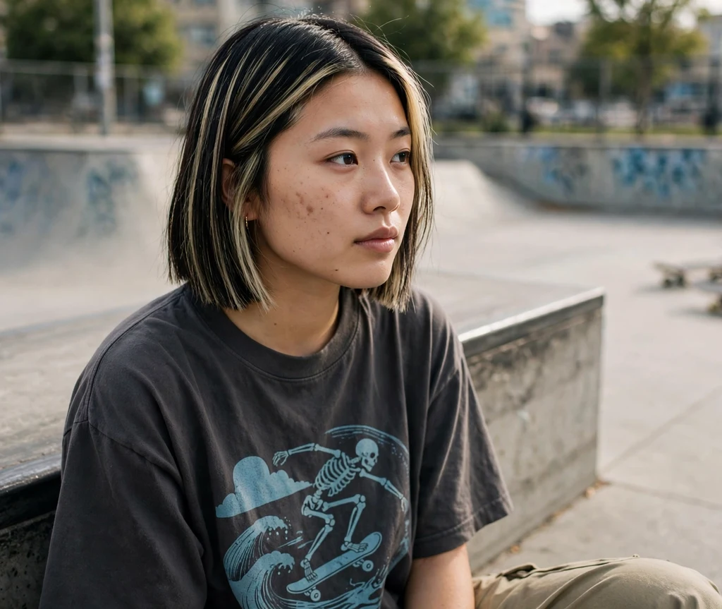 Sharp blunt chin-length bob with middle part on dark hair with blonde streaks, skate park