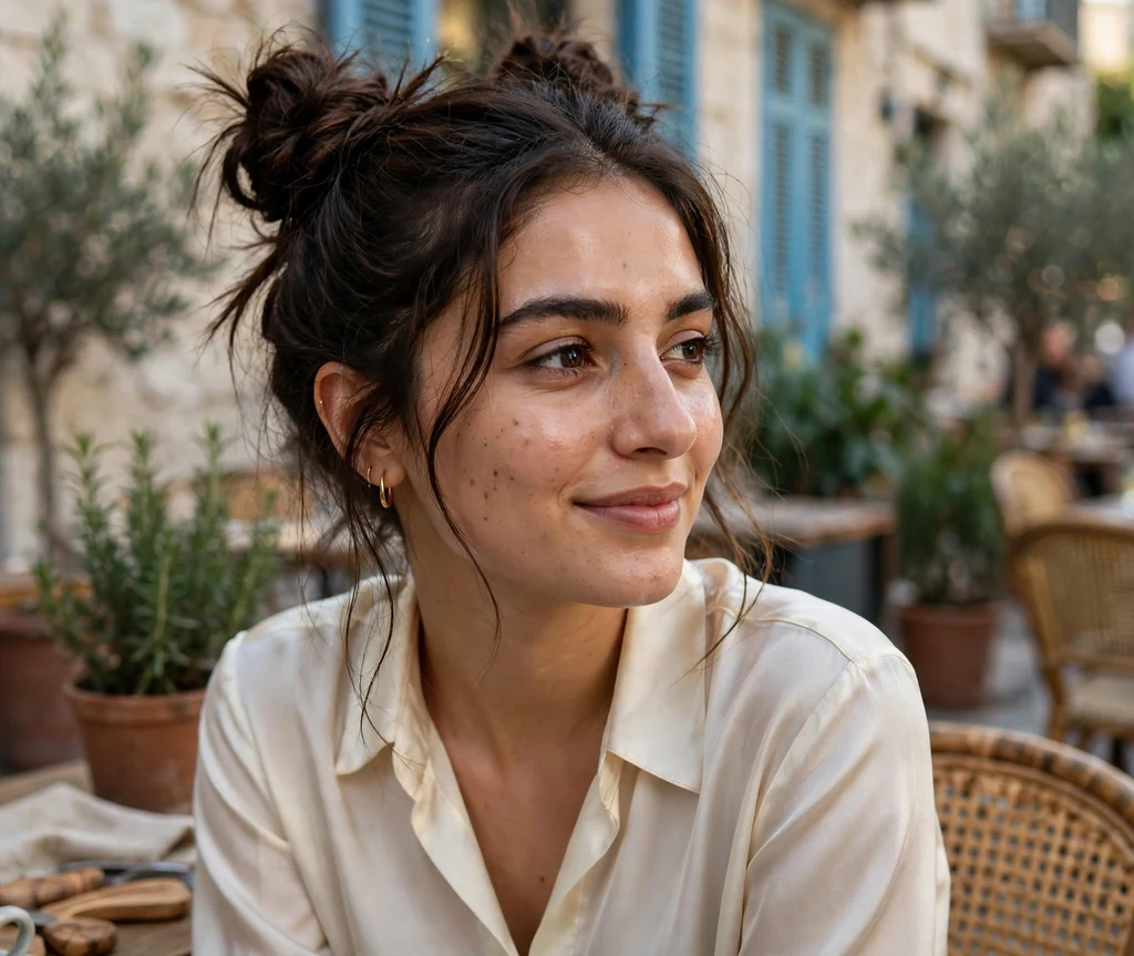 Two high Y2K space buns with face-framing tendrils on dark brown hair, café terrace