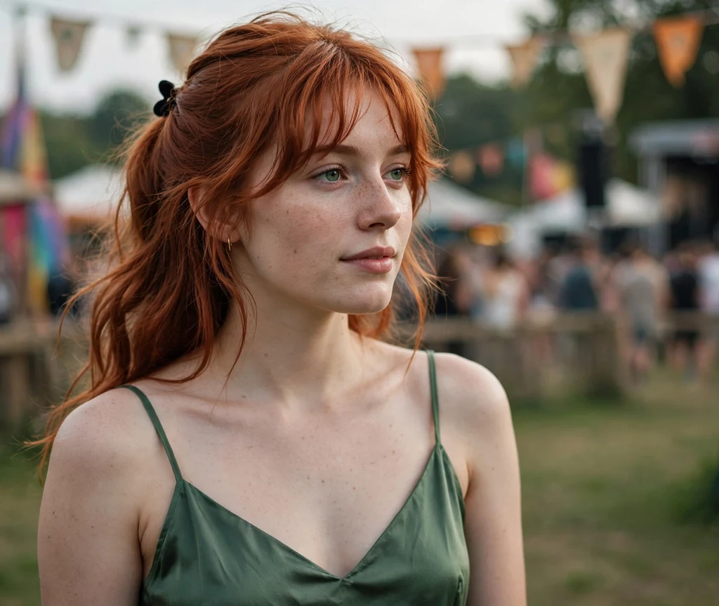 Half-up half-down hairstyle with wispy bangs on copper red hair, music festival