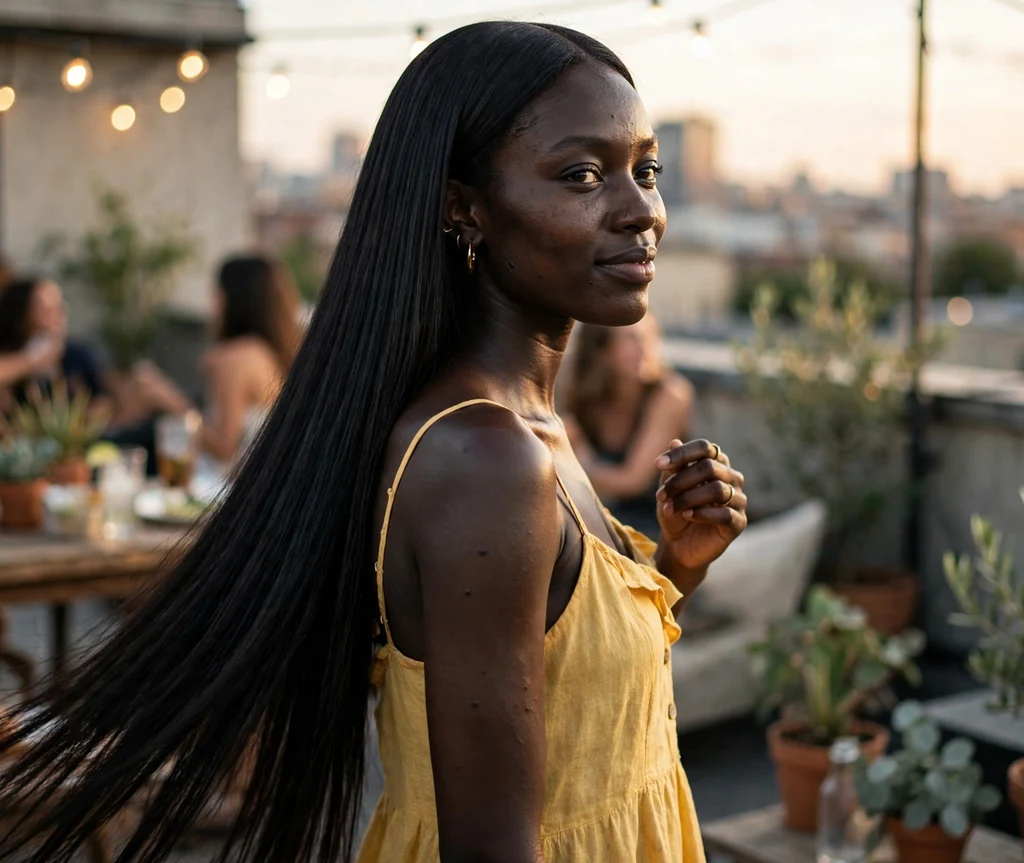 Extra-long pin-straight black weave with crisp middle part, yellow sundress, rooftop party