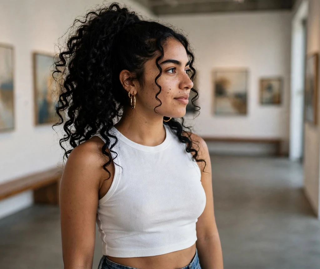 High voluminous curly ponytail with defined ringlets on long black hair, art gallery