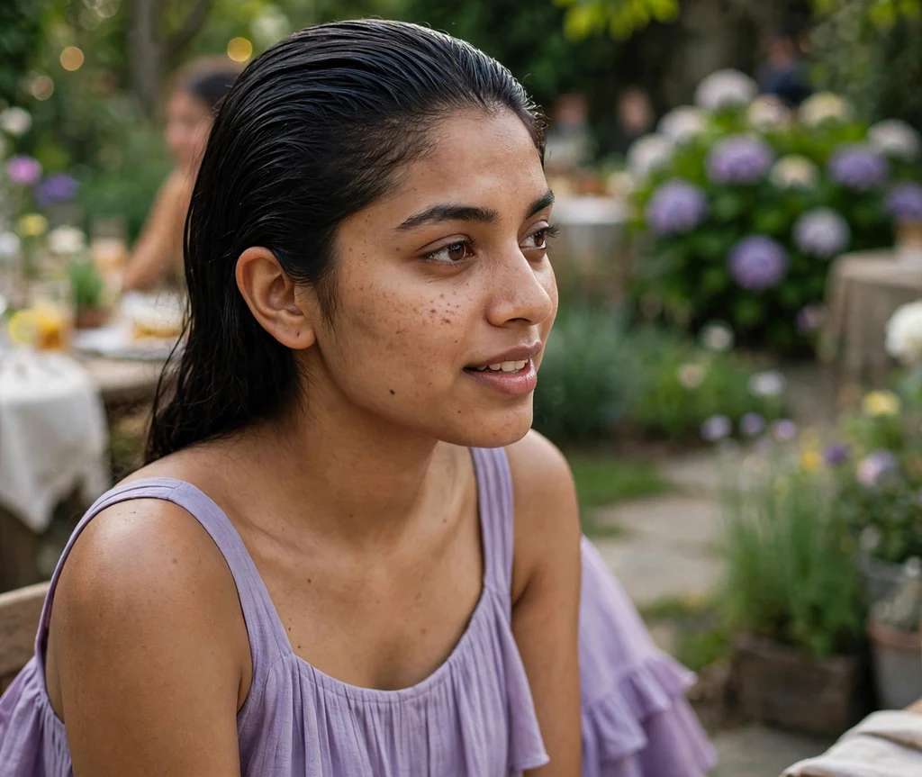 Glossy slicked-back wet-look hairstyle on wavy black hair, lavender dress, garden party