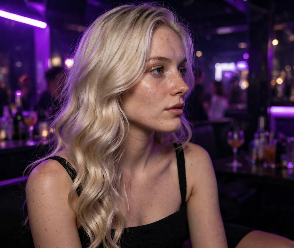 Long platinum blonde hair with soft side-swept waves, black mini dress, nightclub