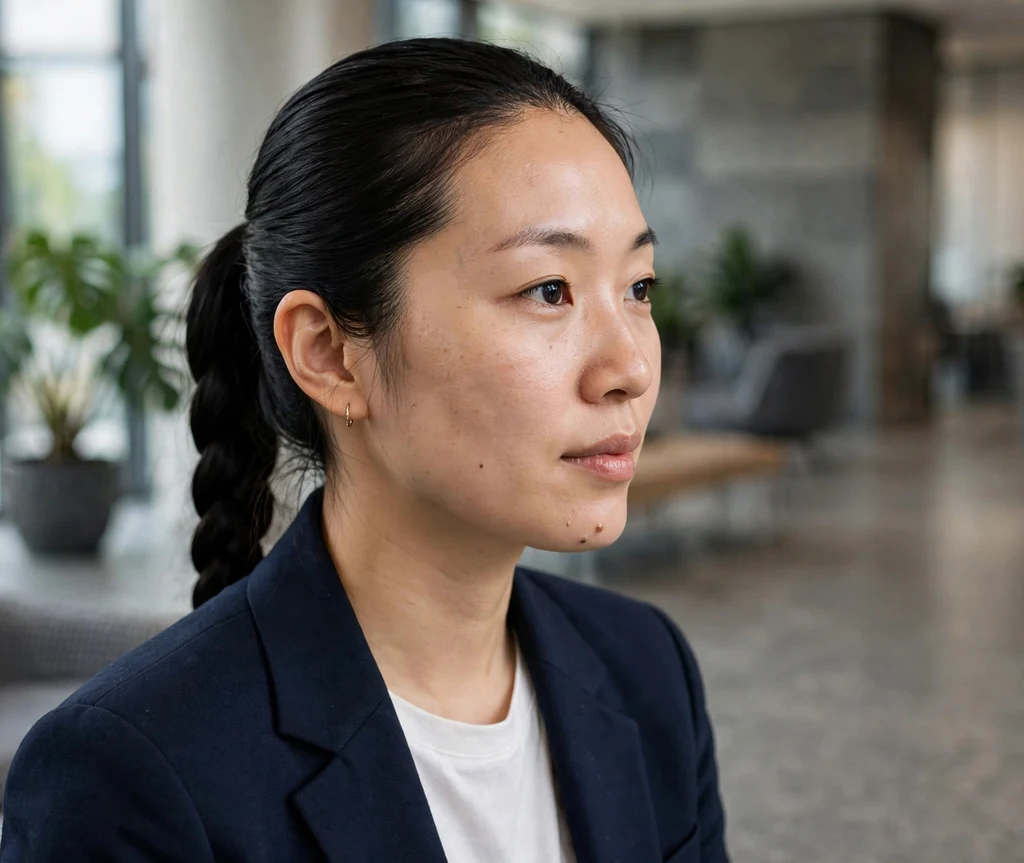 Sleek tight braided ponytail with single thick braid on jet black hair, office lobby