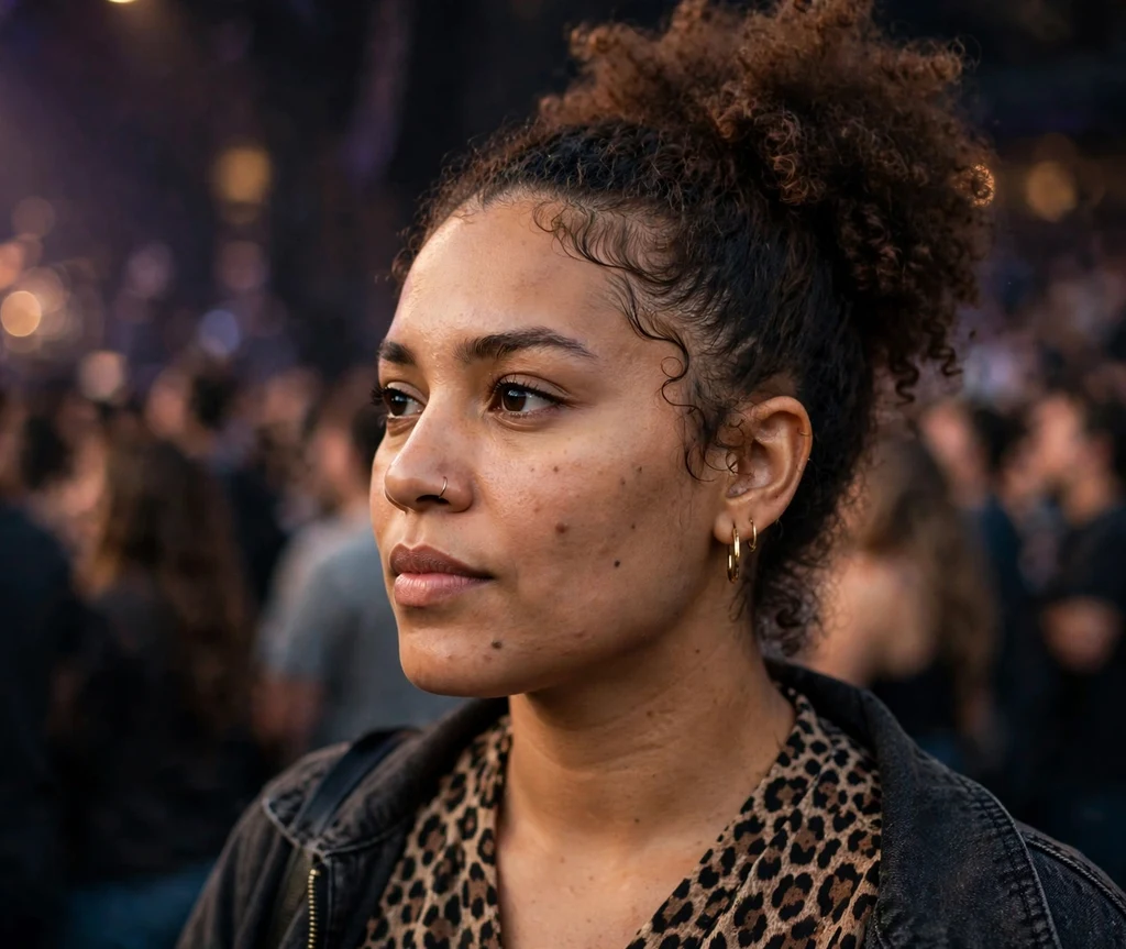 High curly puff with perfectly laid edges on natural hair, concert venue
