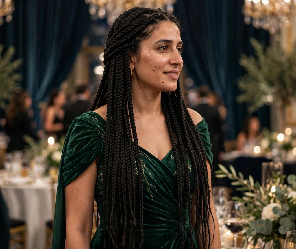 Very long black box braids with middle part, emerald evening gown, gala