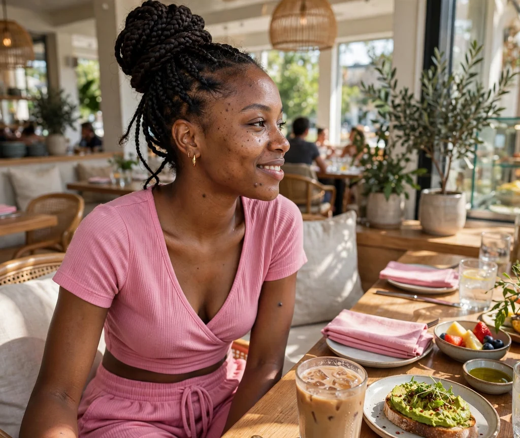 Knotless braids gathered into a high full bun, pink lounge set, brunch restaurant