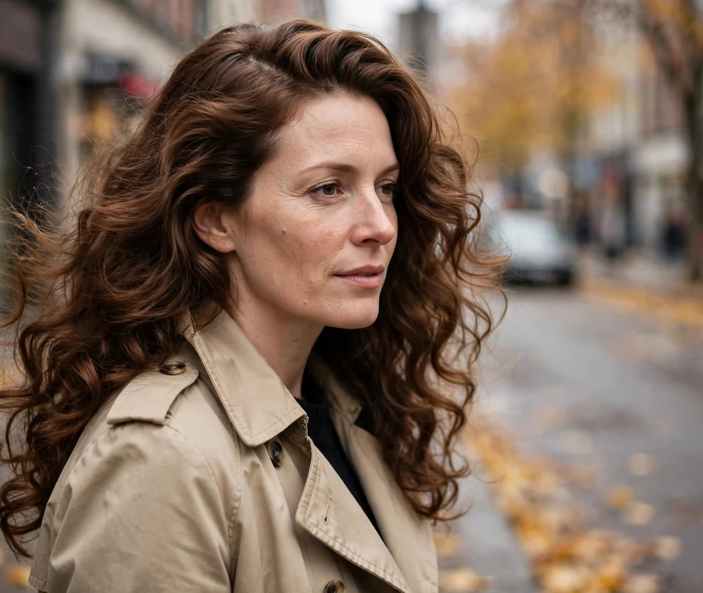 Chestnut hair with dramatic deep side part and big bouncy curls, trench coat, city street
