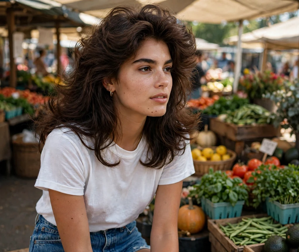 Voluminous 90s blowout with flicked layered ends on dark brown hair, farmers market