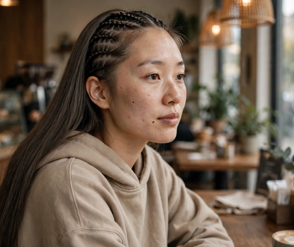 Neat cornrows along the front hairline flowing into long straight weave, beige hoodie, coffee shop