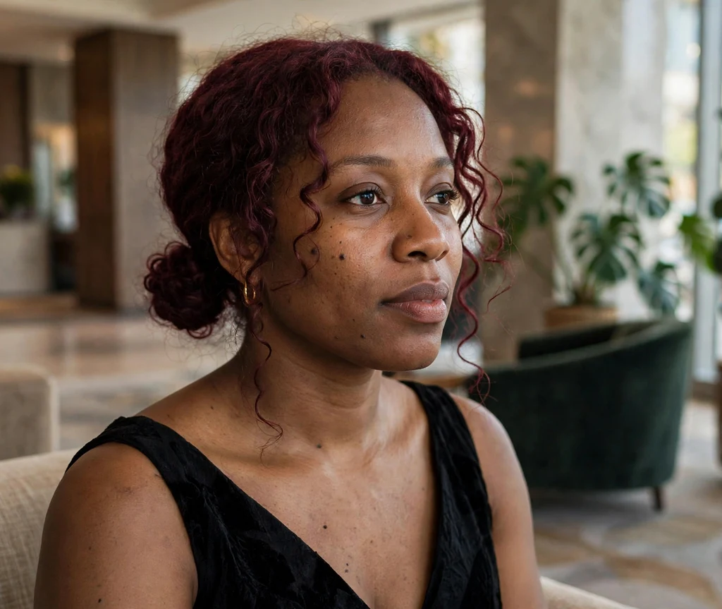 Two low space buns with loose curly tendrils on burgundy hair, hotel lobby