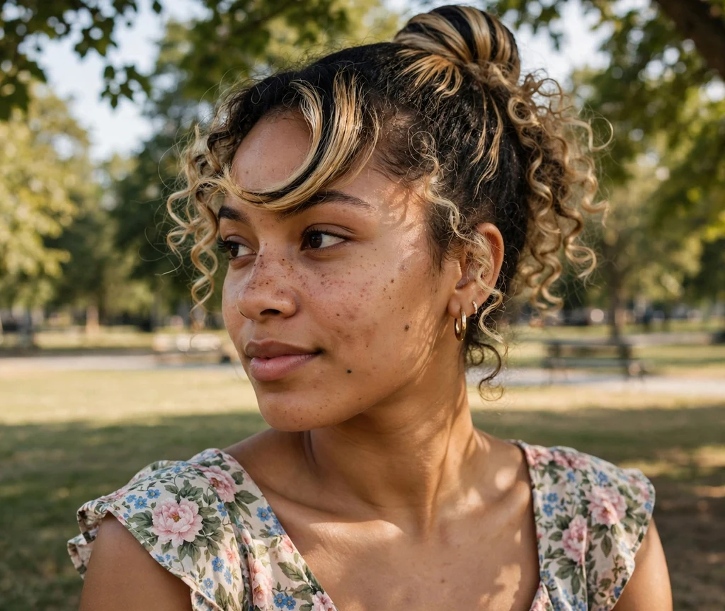 High sleek ballet bun with dramatic swoop bang on highlighted curly hair, sunny park