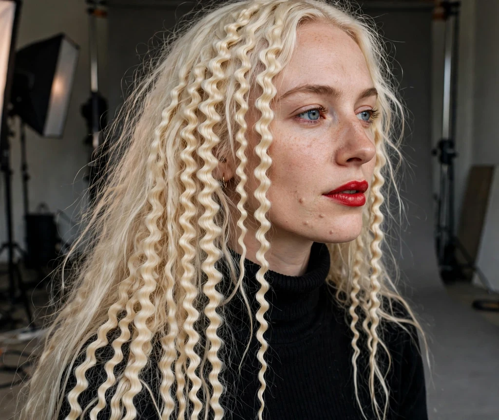 Very long platinum blonde hair with tight crimped texture, black turtleneck, studio