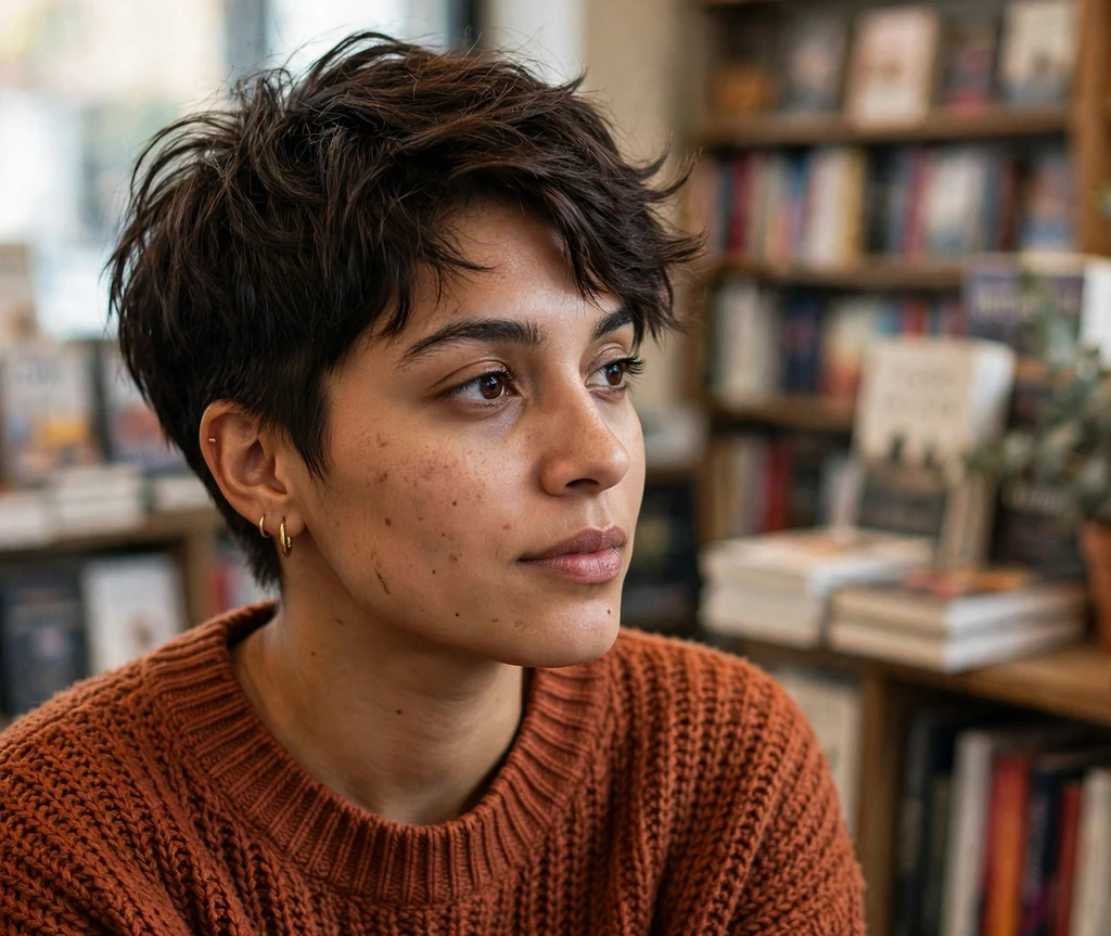 Short textured baddie pixie with piecey top on dark brown hair, rust sweater, bookstore