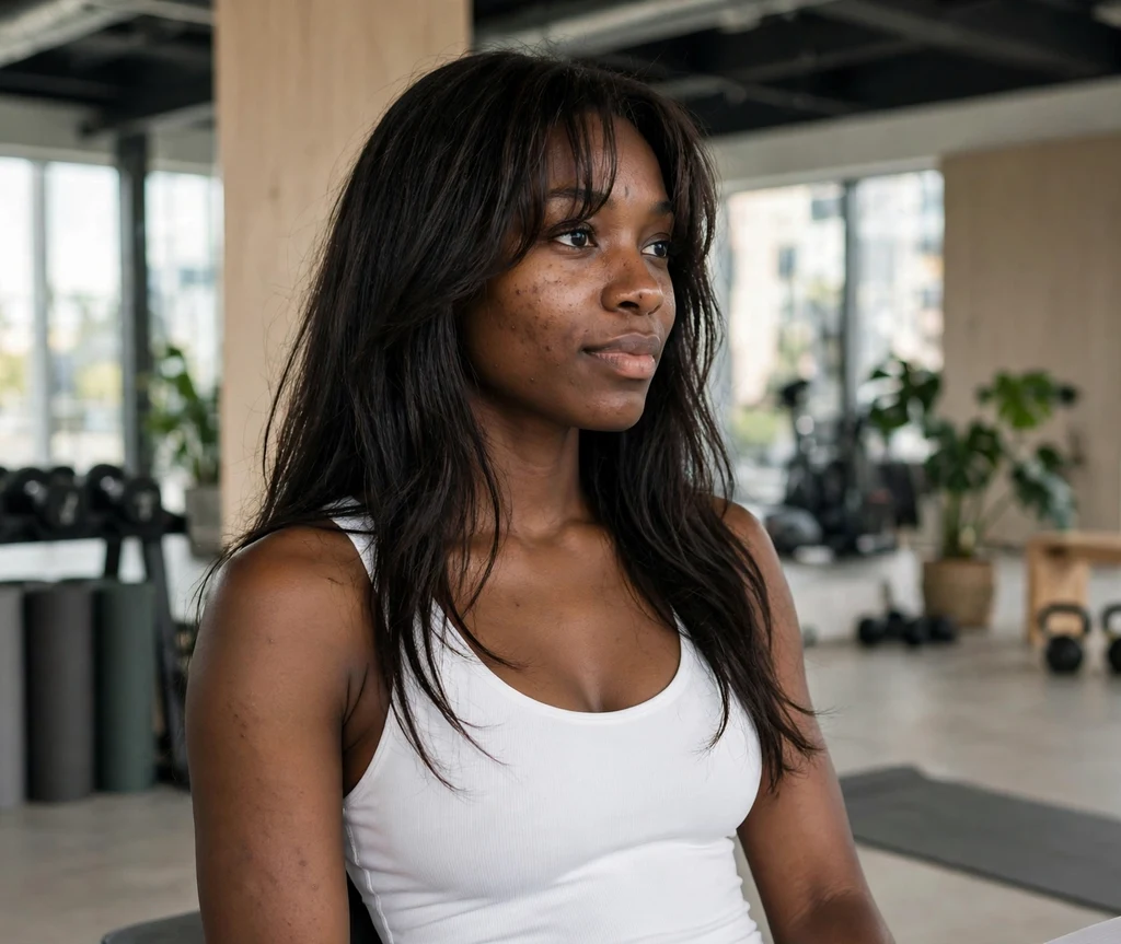 Long layered dark hair with wispy curtain bangs, white bodysuit, gym studio