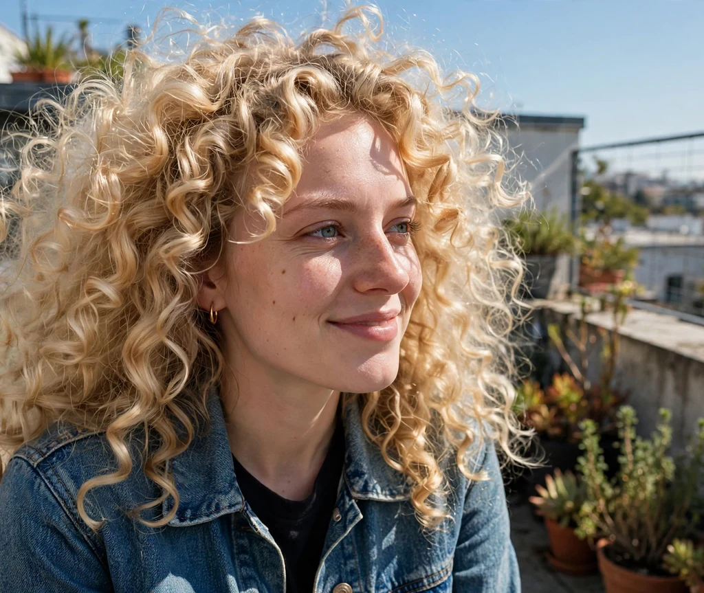 Huge voluminous curly blonde weave with defined ringlets, denim jacket, rooftop