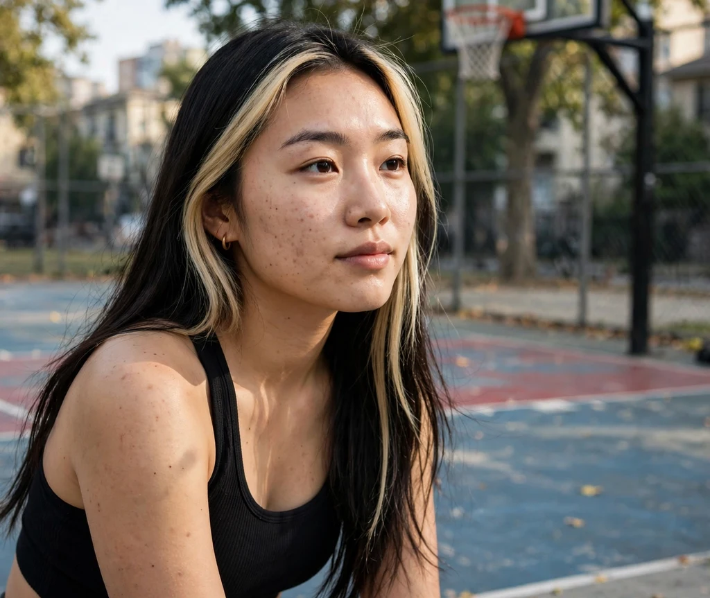 Long straight dark hair with bold blonde money-piece face-framing highlights, basketball court