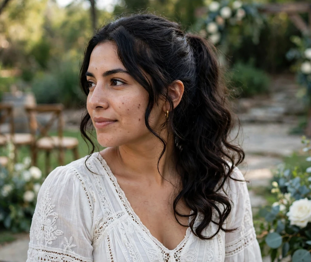 High side ponytail draped over one shoulder with curled ends, white boho dress, garden venue
