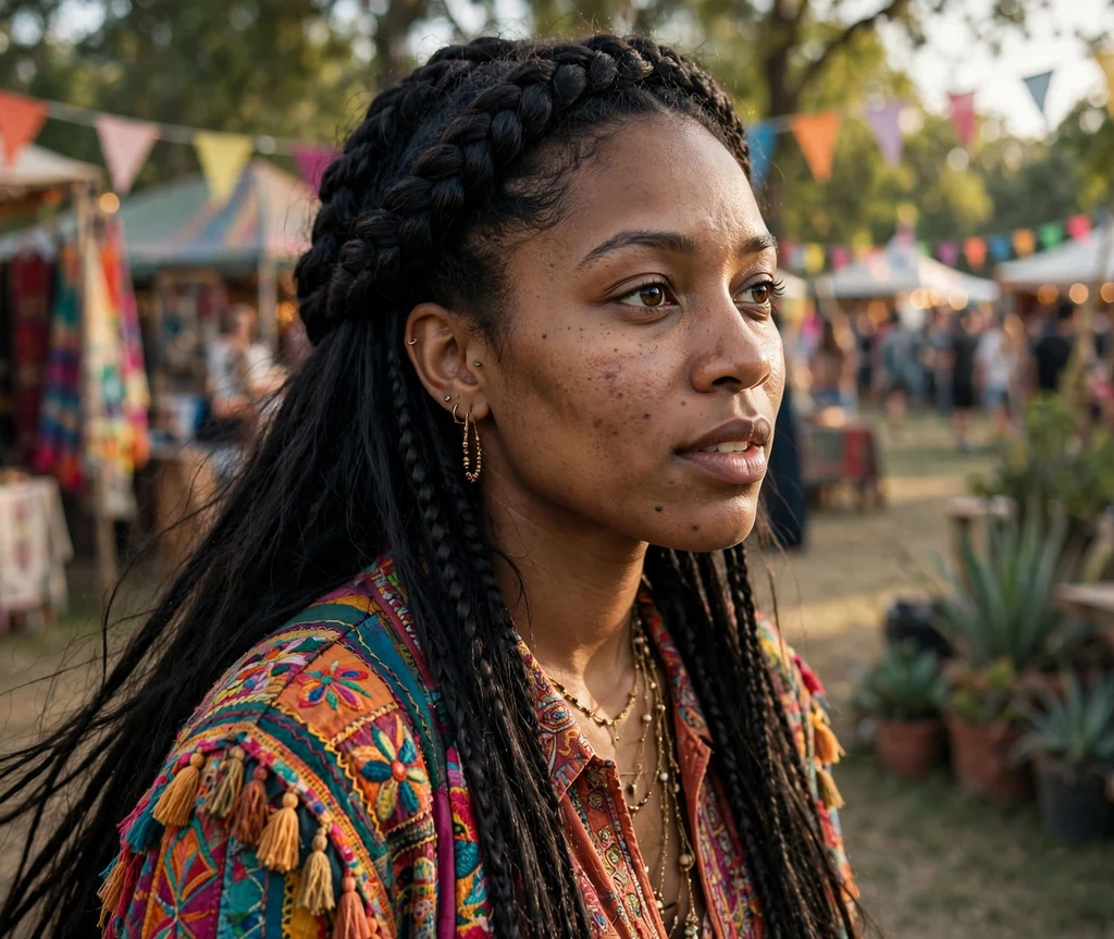 Thick braided crown with very long straight ends flowing down, festival outfit, outdoor festival