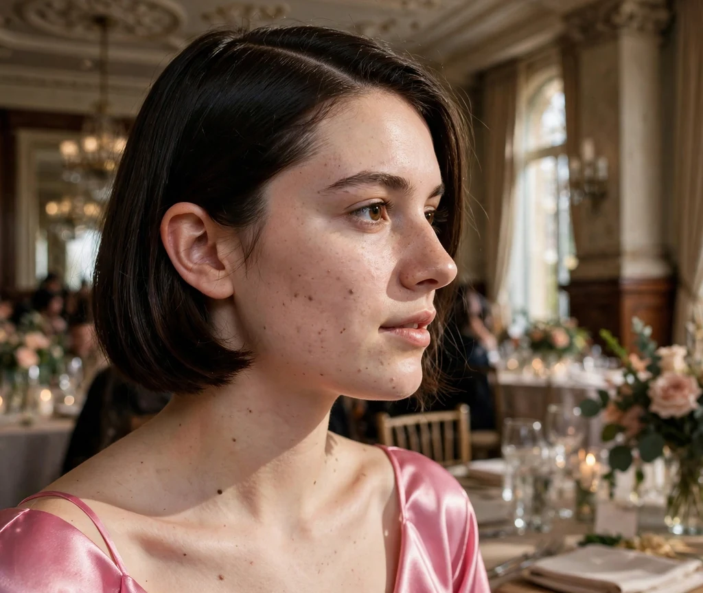 Sleek chin-length bob with sharp deep side part, pink satin dress, event hall