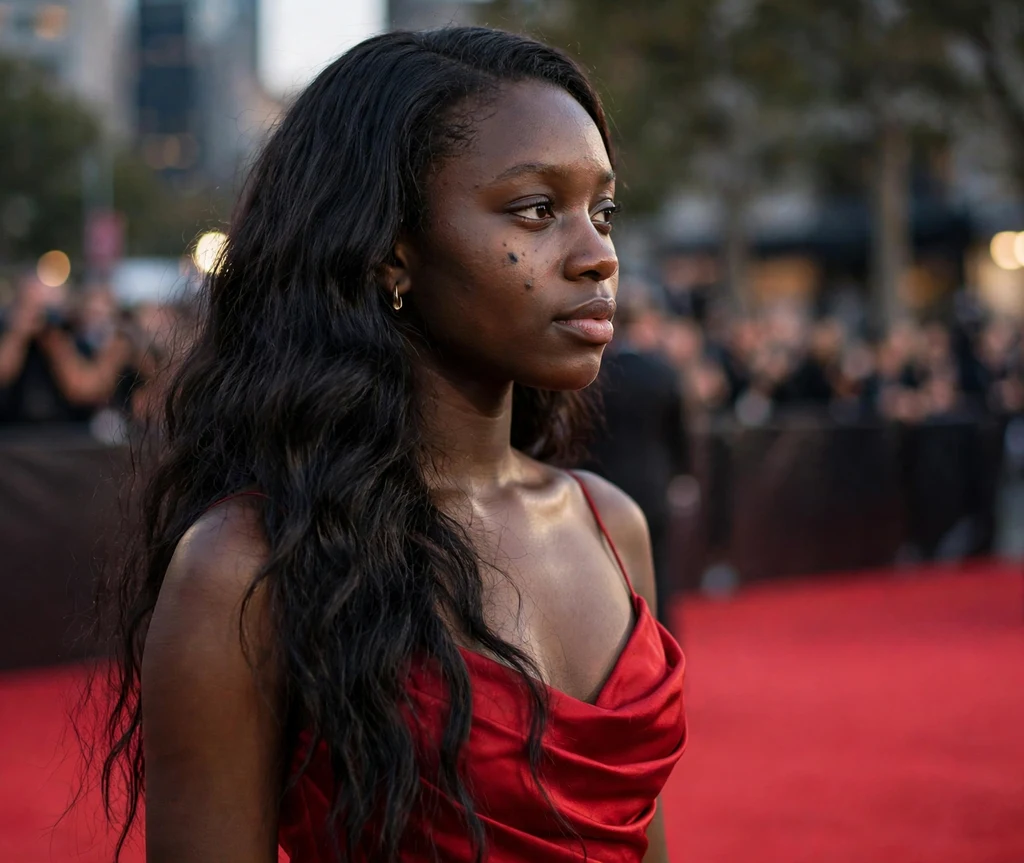 Very long wavy black weave with deep side part over one shoulder, red evening gown, red carpet