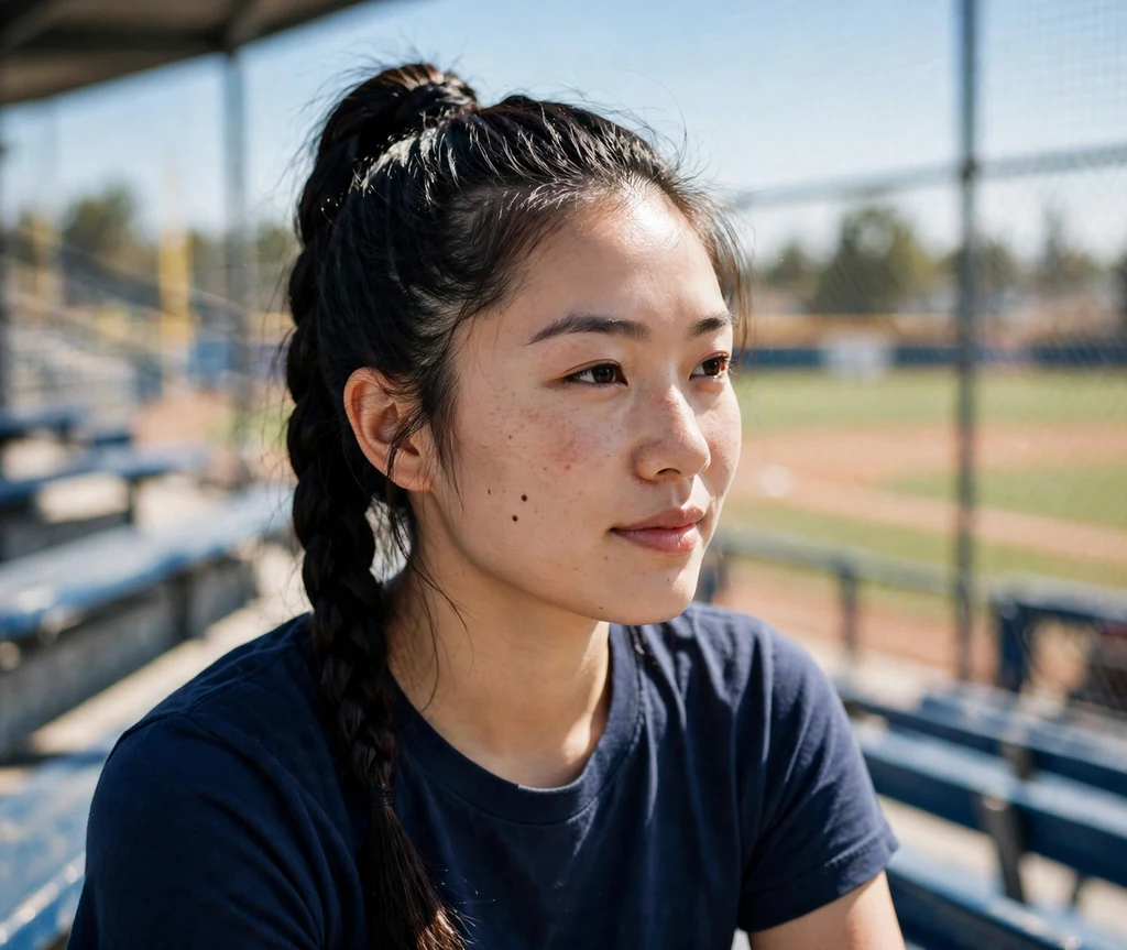 East Asian woman with a sleek braided ponytail in a navy t-shirt sitting in stadium bleachers