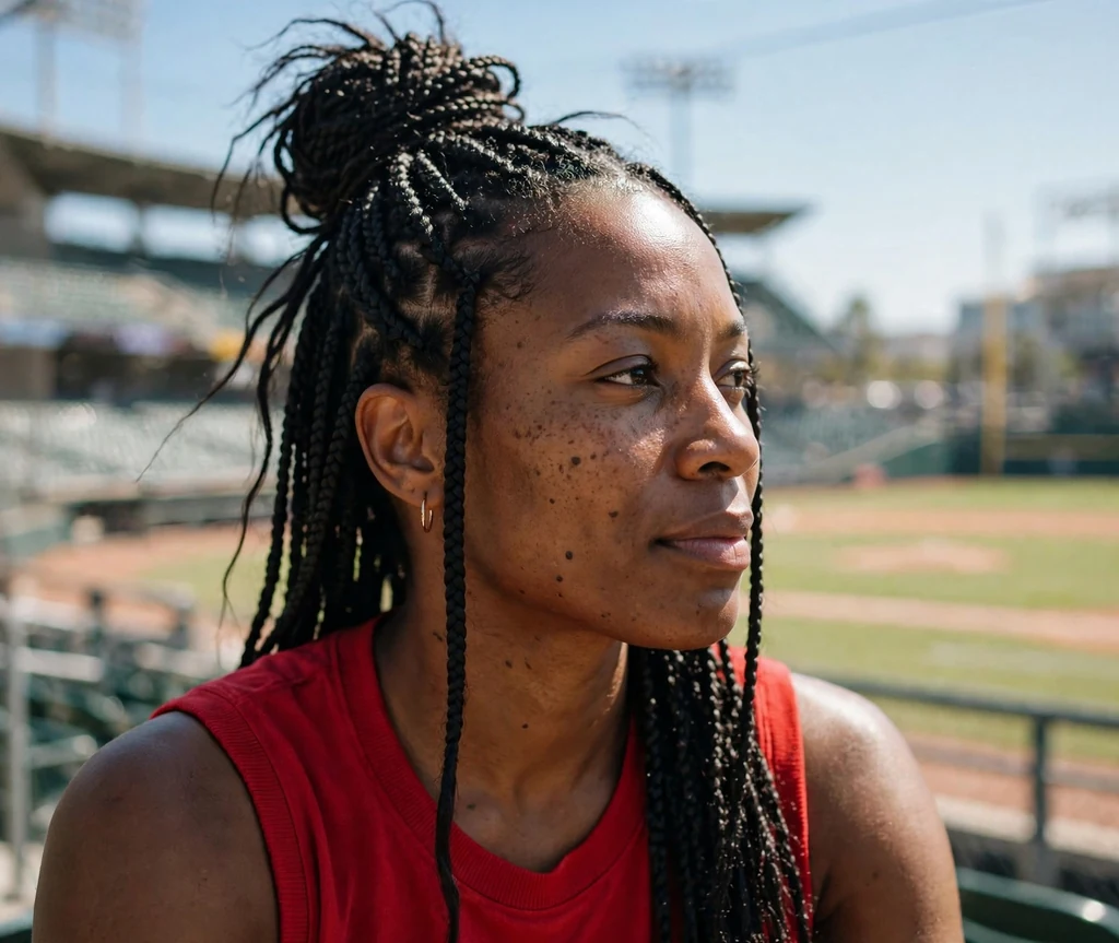Black woman with box braids in a high bun wearing a red sleeveless top at a ballpark