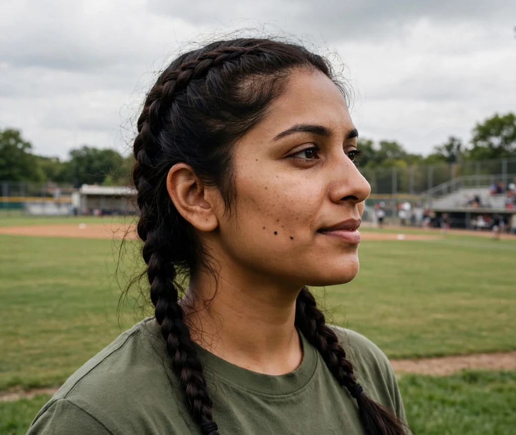 South Asian woman with double French braids in a green tee near the outfield grass