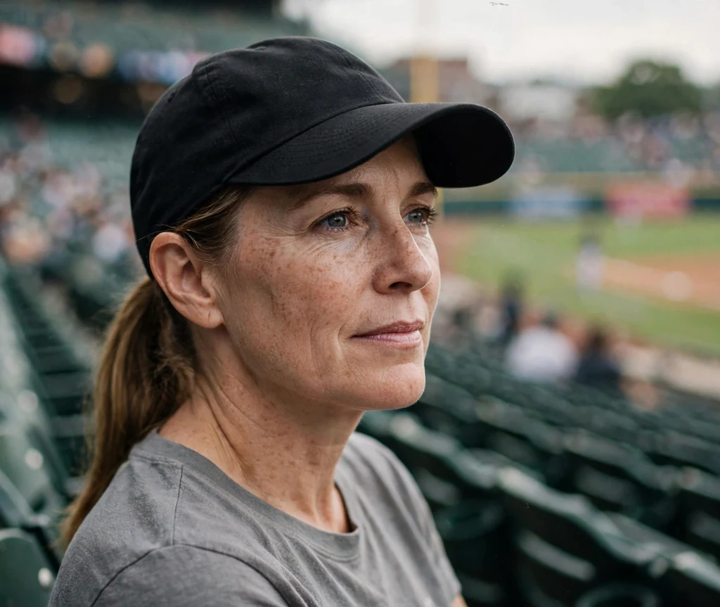 Woman in her 40s with a sleek low ponytail under a baseball cap in stadium seats